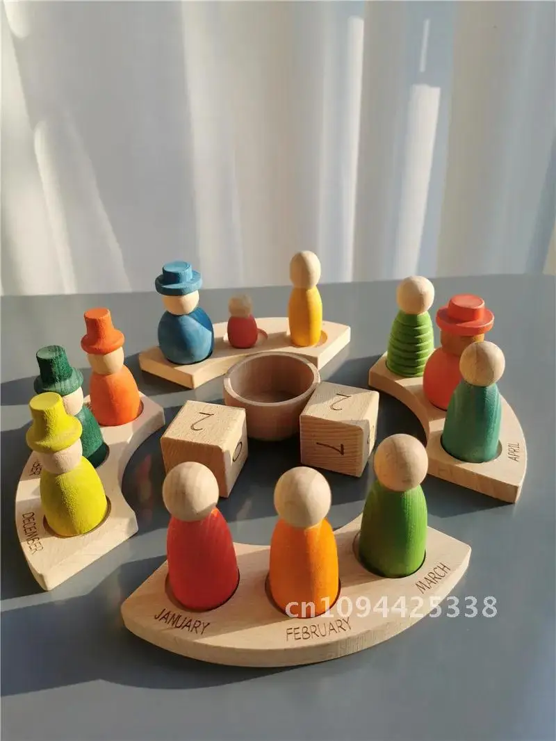 New Wooden Toys Beech Rainbow Calendar Peg Dolls Together Wizard Figurines Stacking Blocks for Kids