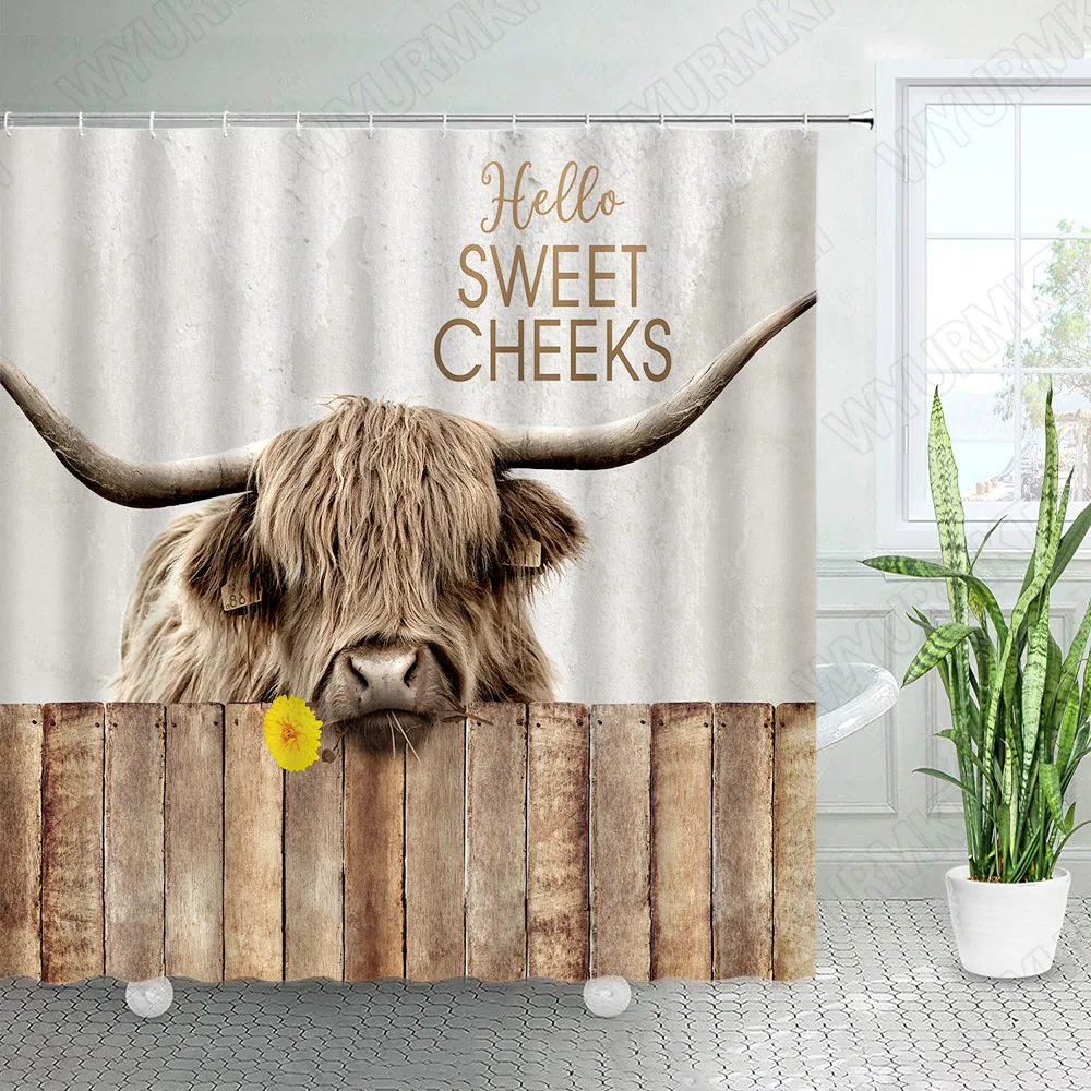 Funny Country Cow Shower Curtain Flower Farm Cute Animal Wooden Farmhouse Rustic Wagon Wheel Fabric Bathroom Decor Bath Curtains