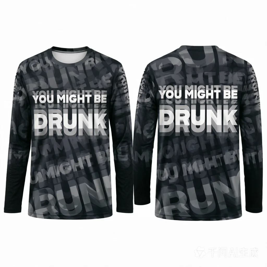 Funny You Might Be Drunk All Over Print Tee, Monochrome Text Slogan Casual Party Streetwear Unisex Long Sleeve T‑Shirt