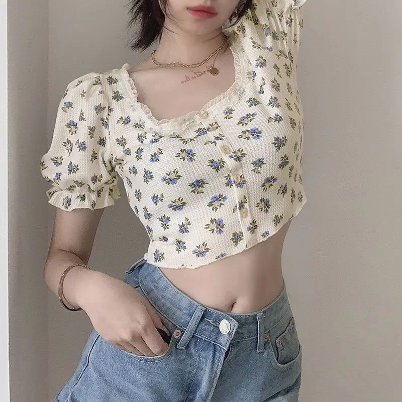 Women Short Sleeve Tee T-shirts Summer Clothes 2024 New Korean Popular Style Chic Female Floral Print Lace Patched Crop Tops