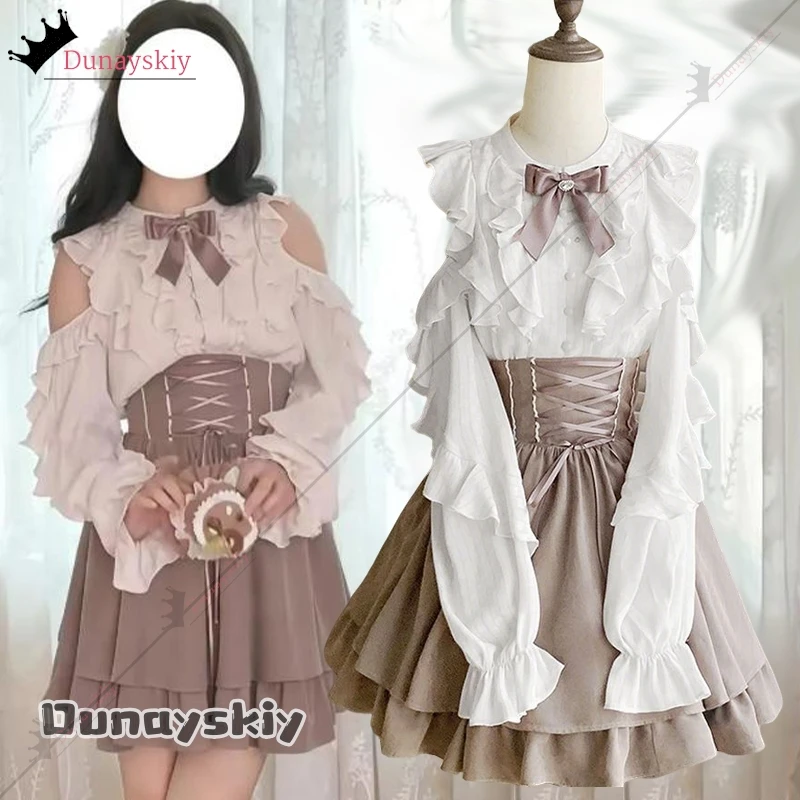 

Элегантная милая рубашка с бантом для девочек, костюм с высокой талией и галстуком, короткая юбка, комплект из двух предметов, униформа для девочек, маскировка на Хэллоуин