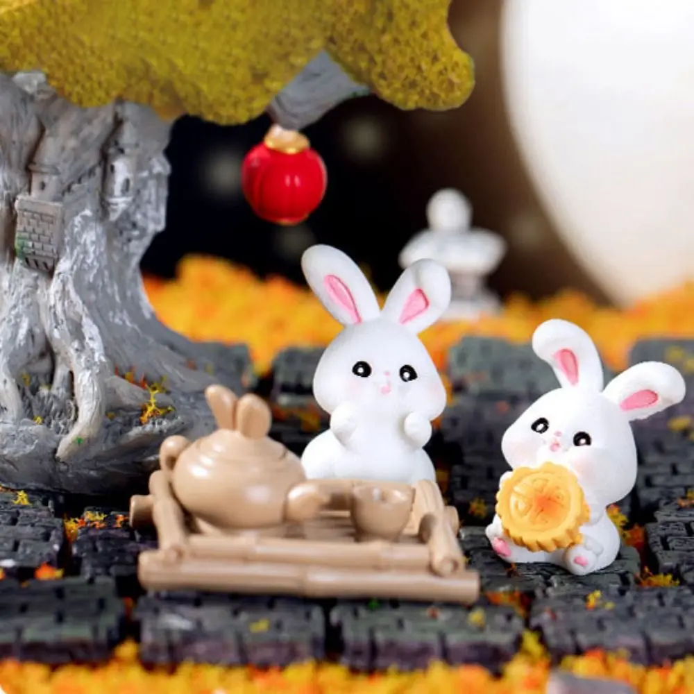 Cute Micro Landscape Rabbit Figurines Handmade Resin Bunny Ornaments Mini Cartoon Moon Cake Model Outdoor