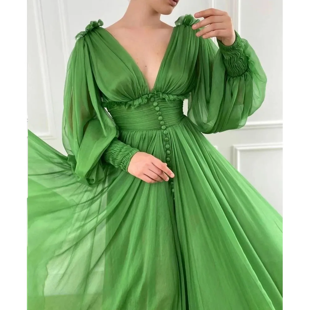 MOBEYE 2024 Green A Line V Neck Long Sleeve Chiffon Slit Long Luxury Turkey Dubai Saudi Arabia Ball Gown