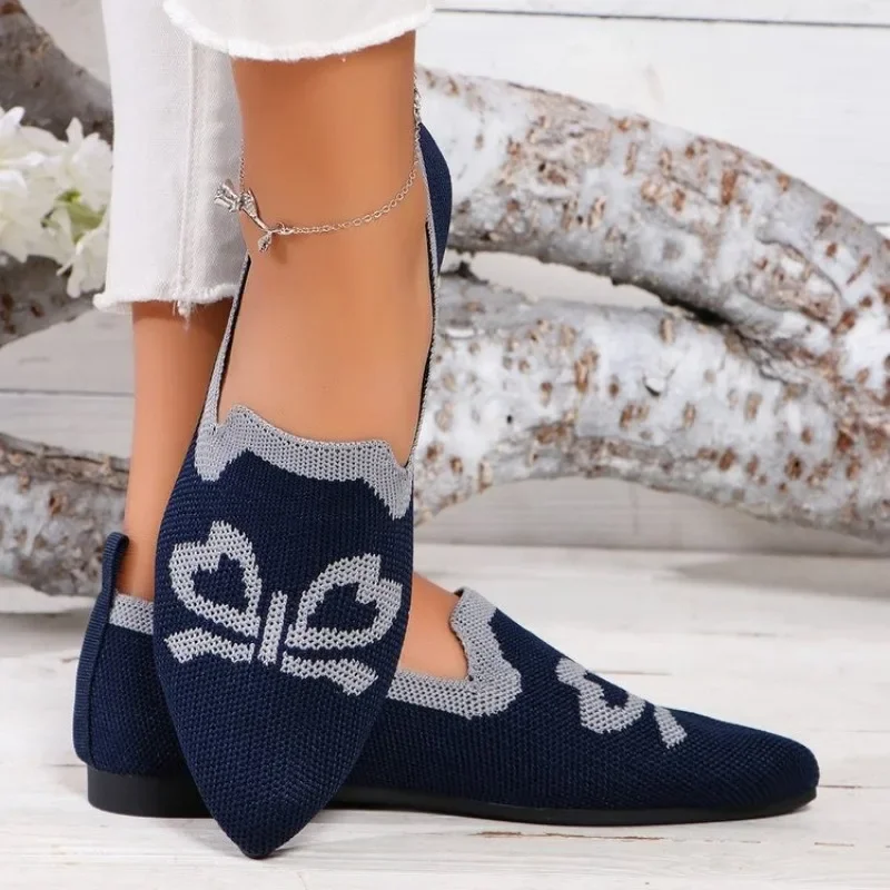 Autumn Women Casual Shoes for Woman Slip-on Pump Knit Single Flat Shoes Breathable Pointed Head Ladies Cloth Loafers Size 43