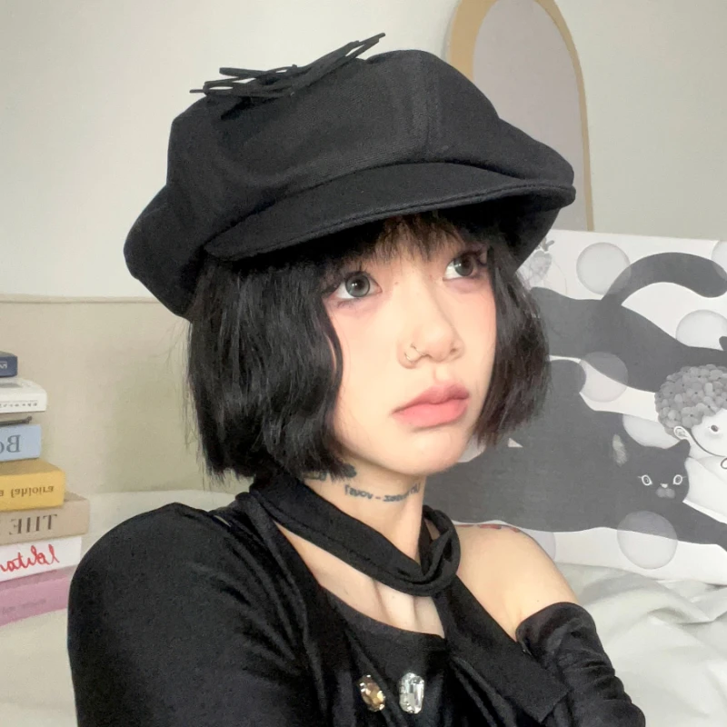 Korean Sweet Bow Design Berets for Women Show Face Small Spring Summer Travel Versatile Retro Literary Short Brim Octagonal Hat