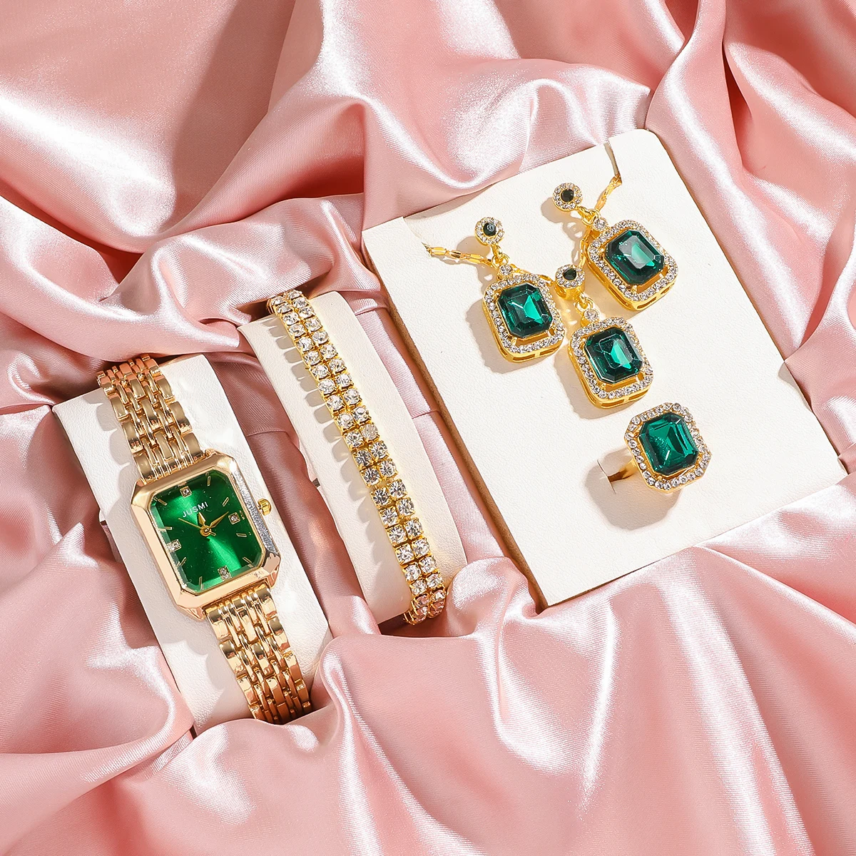 

Летние новые модные роскошные зеленые квадратные часы с бриллиантовым подарочным набором ювелирных изделий для подруги.