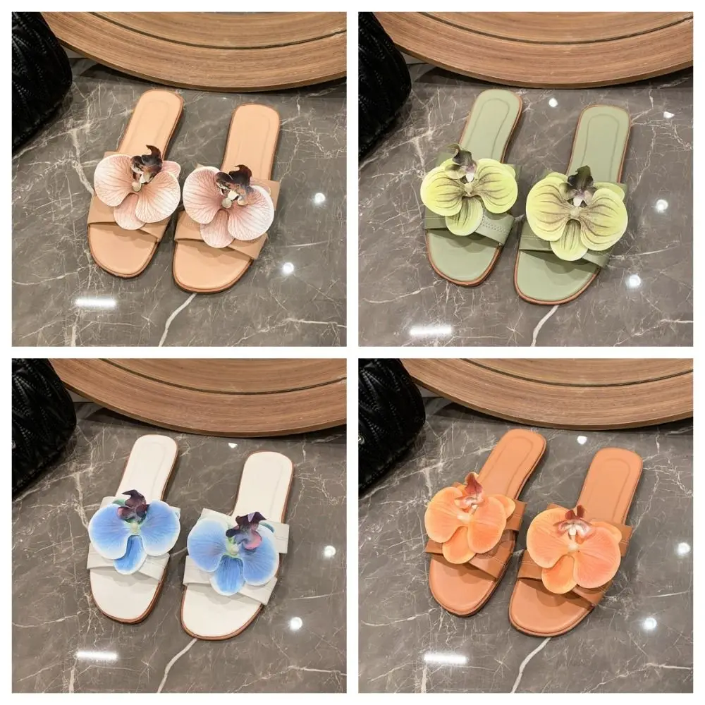 Mode Waterdichte Bloem Slippers Zachte Antislip Vlinder Orchidee Sandalen Schoenen Pu Lederen Lage Hak Platte Slippers Zwemmen