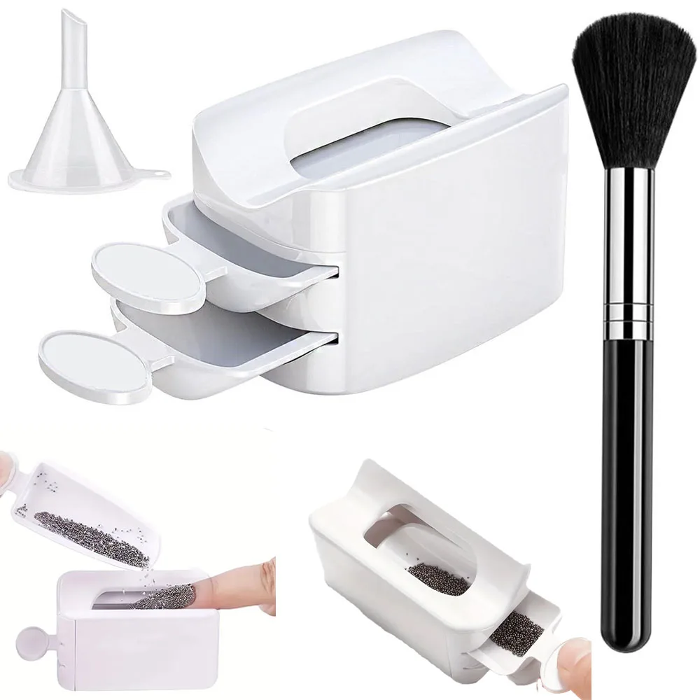 Bandeja de reciclagem de pó de glitter para unhas, 3 peças, camada dupla, com escova de limpeza, funil, pó de imersão/recipiente de reciclagem de lantejoulas