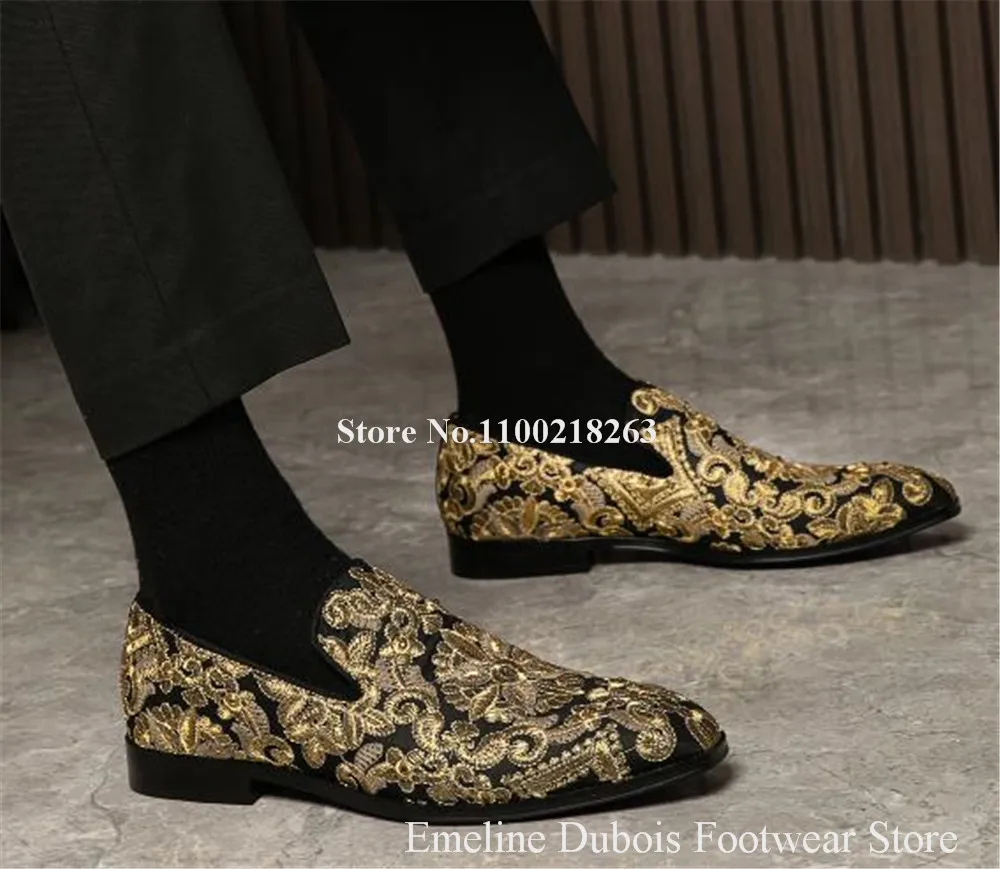 Newest Men Gold Embroidery Loafers Emeline Dubois Round Toe Printed Slip-on Flat Leisure Shoes Men Men Party Shoes