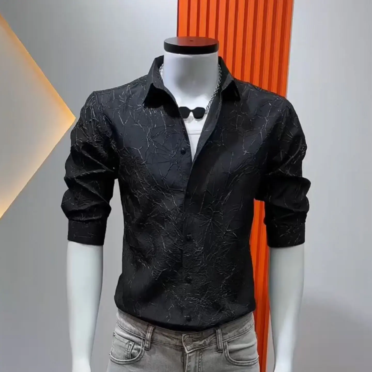 Men's Fashionable Mid-Sleeve Shirt Spring Summer Trendy Pleated Korean Style Breathable Lightweight Polyester Polyester Fiber