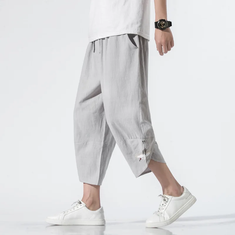 2024 Chinese Style Summer Casual Pants Linen 7-point Pants Men's Harun Shorts Men's  Thin Linen Sports Pants