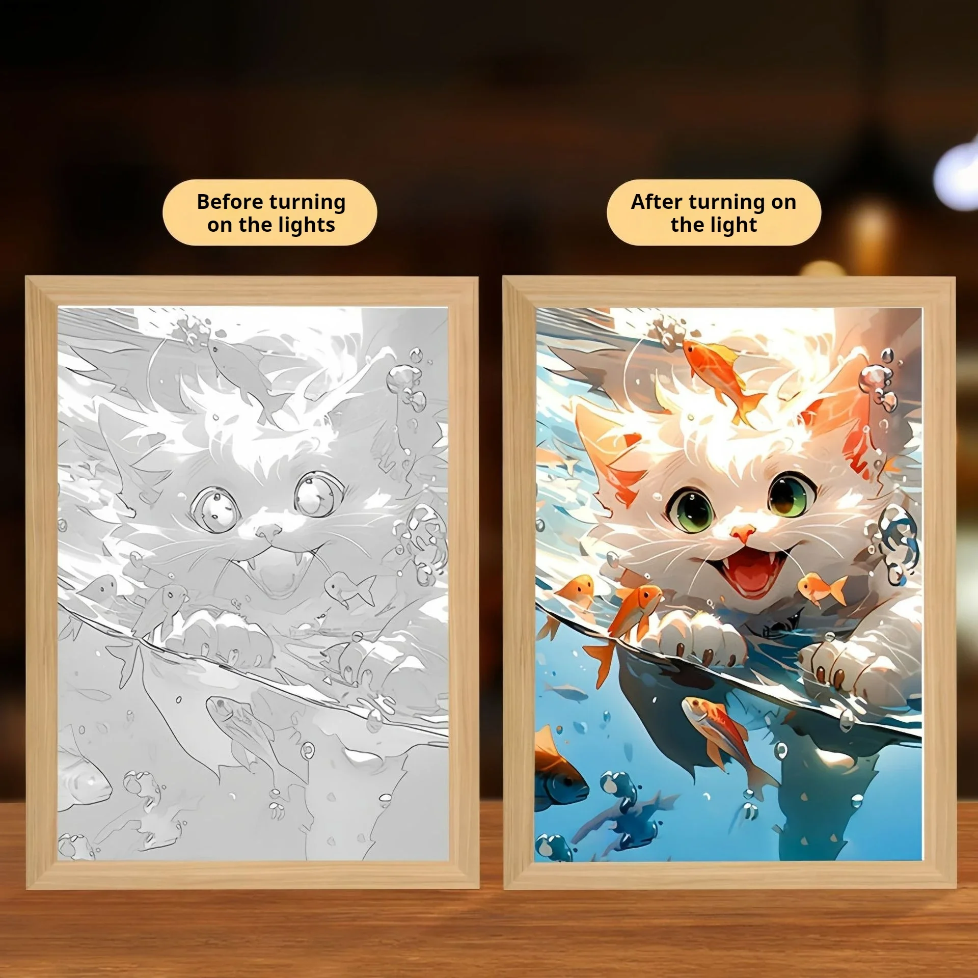 【Customized】Creative Gifts Cat Light Painting Decoration A4 Luminous Night Light Wooden Photo Frame Acrylic 3 Color Lights Lamp