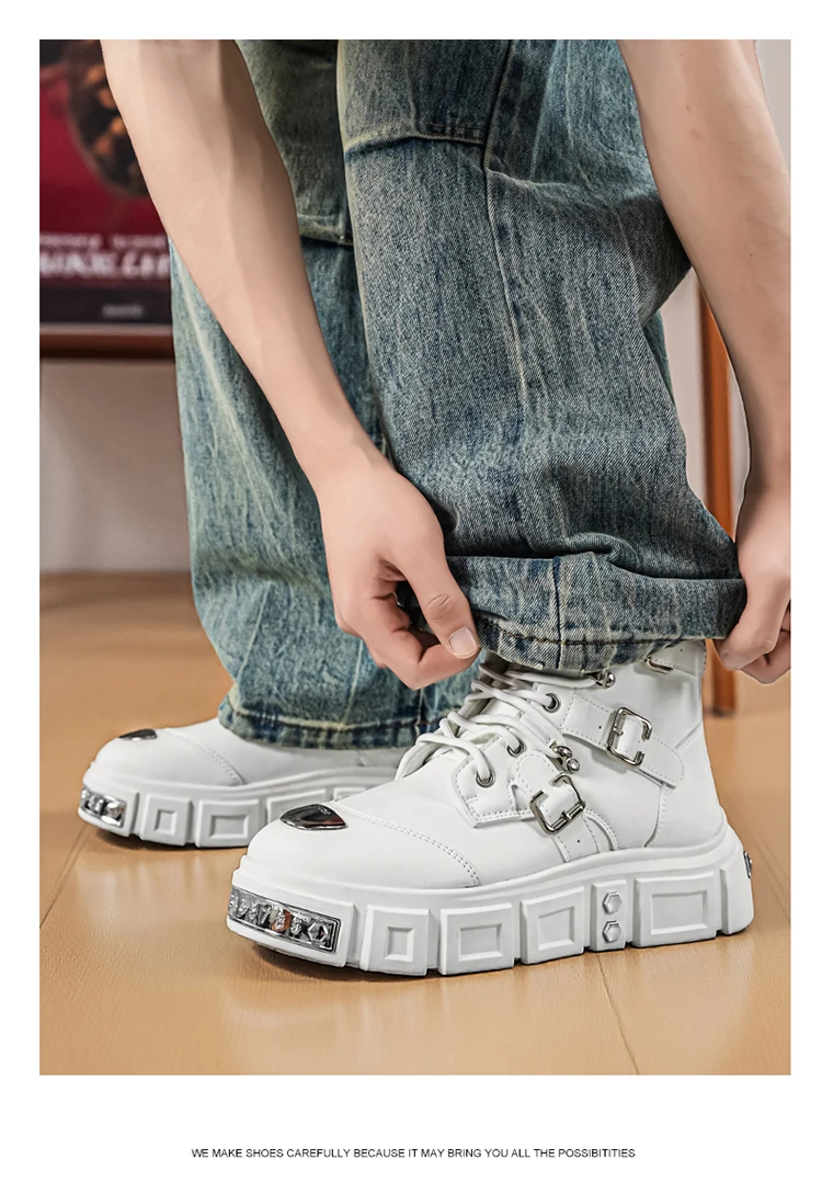 Herren-Streetwear-Stiefel in Uni-Farbe, High-Top, mit Metallschnalle, im Punk-Stil, Motorradstiefel – Detail 13