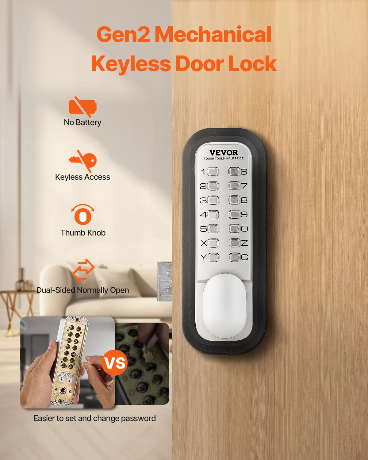 VEVOR Mechanical Keyless Entry Door Lock 14 Key Mechanical Door Lock Mechanical Keypad Door Lock with Adjustable Thumb Knob