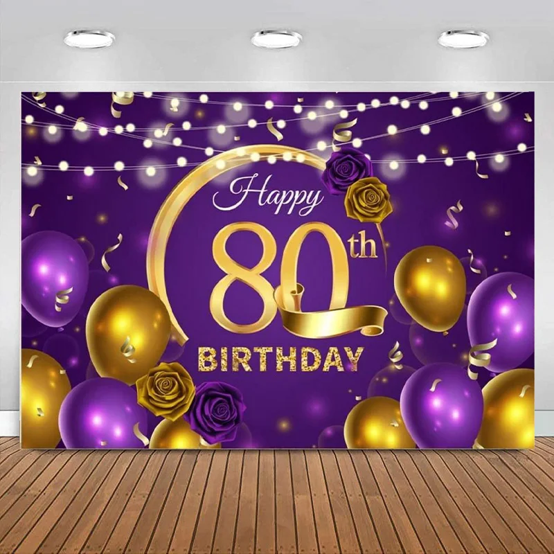 Happy 80th Birthday Backdrop Gold Purple balloon Background Glitter for Photography Party Banner Decoration Photo Booth Props