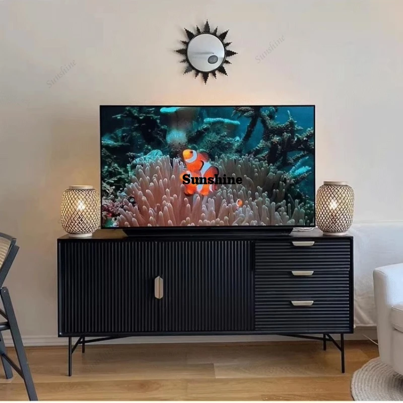 

Medieval style grille dining side cabinet Modern simple log style integrated storage cabinet against the wall