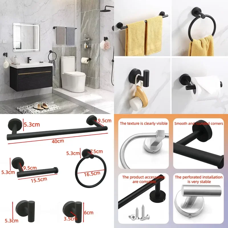 Modern Stainless Steel Bathroom Fittings Set Black 5-Piece Wall-Mounted Metal Hardware Kit for Apartment Hotel Bathroom Use