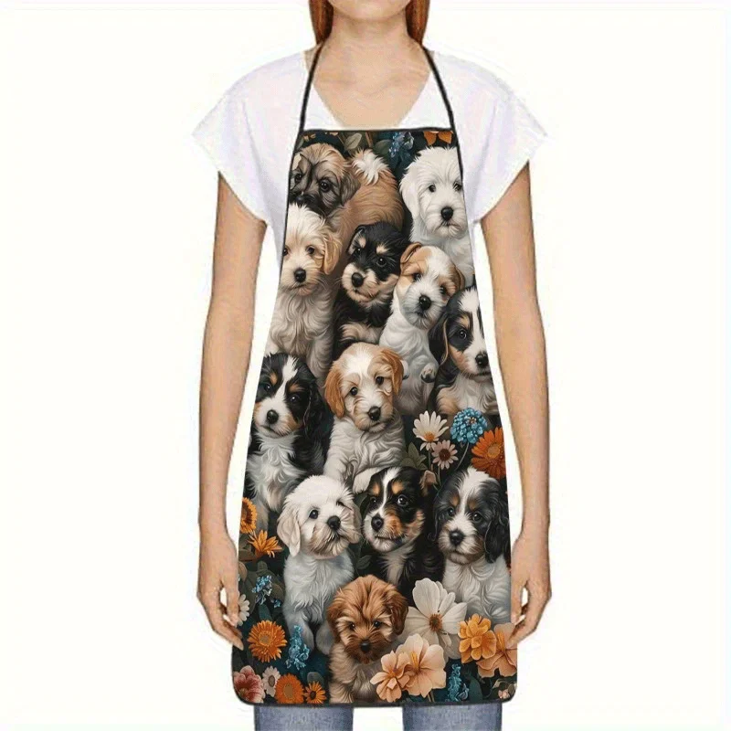 Cute Puppy Floral Print Apron Tuxedo Kittens Apron for Men and Women Durable Polyester Kitchen Apron for Cooking Aprons