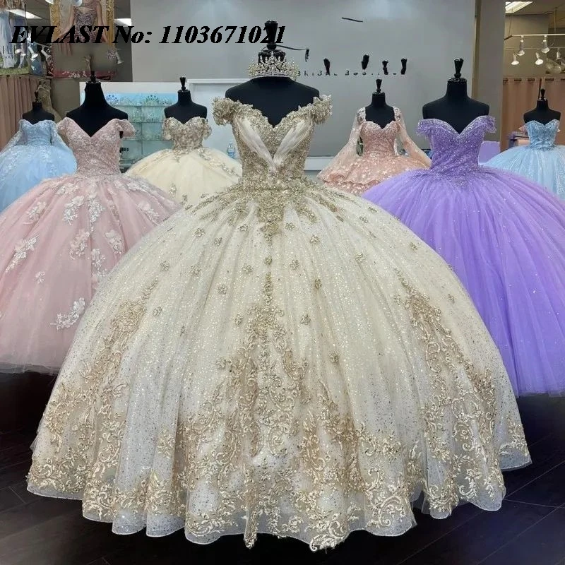 EVLAST gaun berkilau sampanye Quinceanera gaun bola korset kristal manik-manik Applique renda emas manis 16 Vestidos De XV 15 Anos SQ77