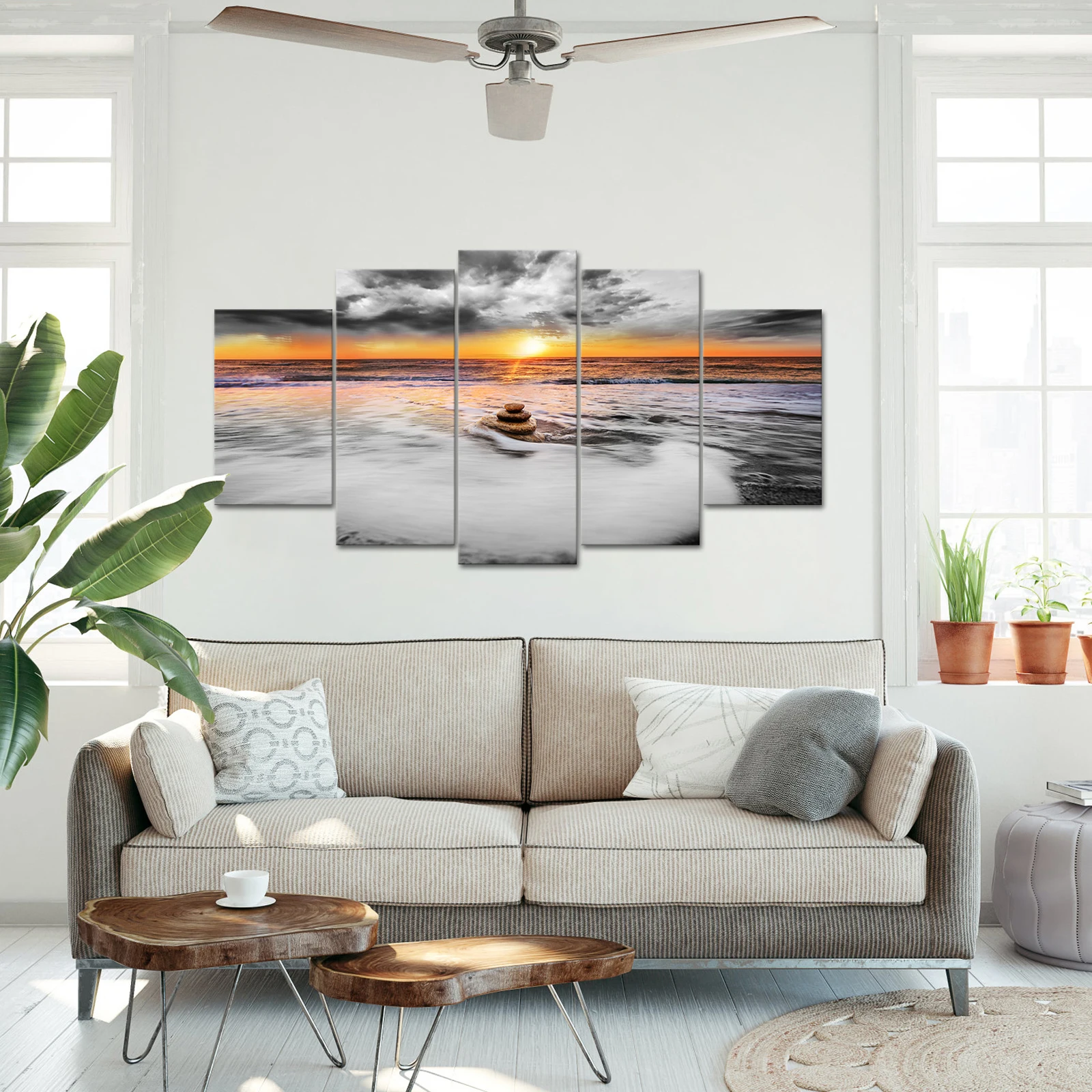 5 Pieces Beach Landscape Posters Wall Art Sunset Over Ocean Print Canvas Art Modern Style Pictures Living Room Home Decor