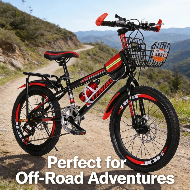 دراجة جبلية بفرامل قرصية للأطفال باللونين الأسود والأحمر مع حقيبة هدايا للمقعد الخلفي لسلة السيارة ذات السرعة المتغيرة