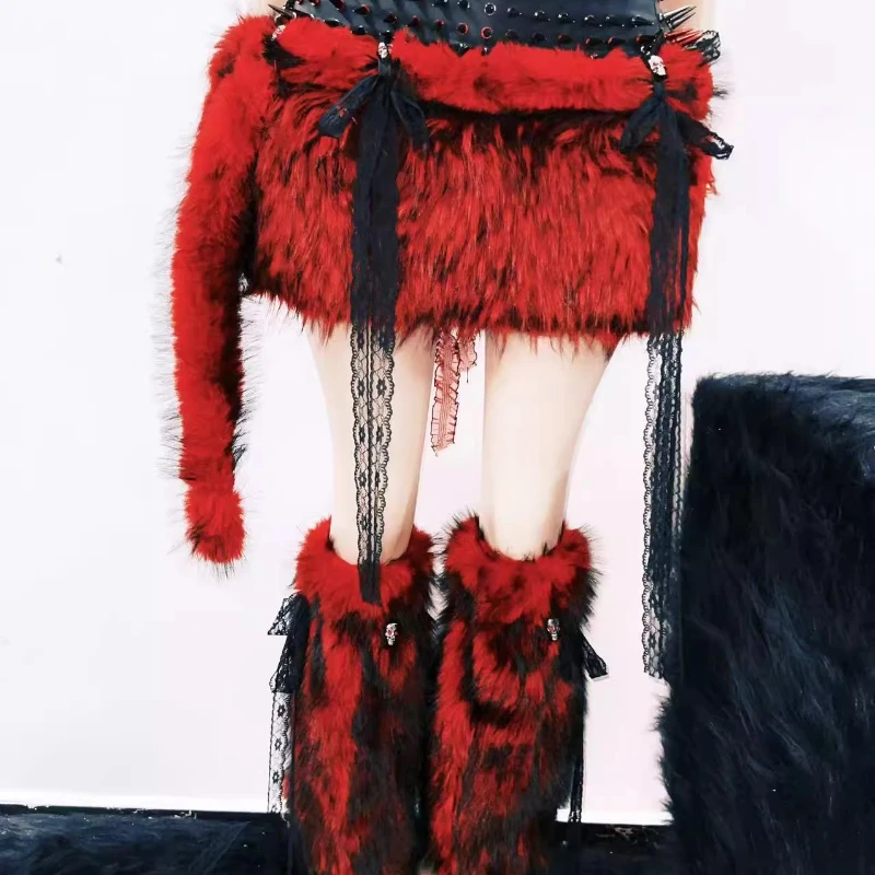 Original Design Red Furry Sweet Cool Short Women's Vest Gothic Style Music Festival Performance Rivet Y2K Sexy Skirt Set Ladies