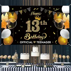 13th Black Gold Birthday Banner Decoration Cheers To 13 Years Old Decor For Anniversary Photo Props Party Background Supplies