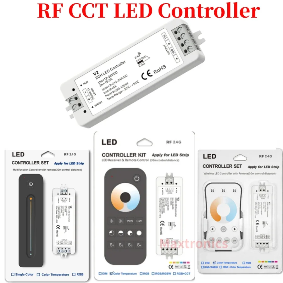 DC12-24V RF CCT LED Controller Kit V2 + RT2/V2 + R7-1/V2 + R12 with Remote 2CH*5A or Only V2 Controller for Dual Color LED Strip