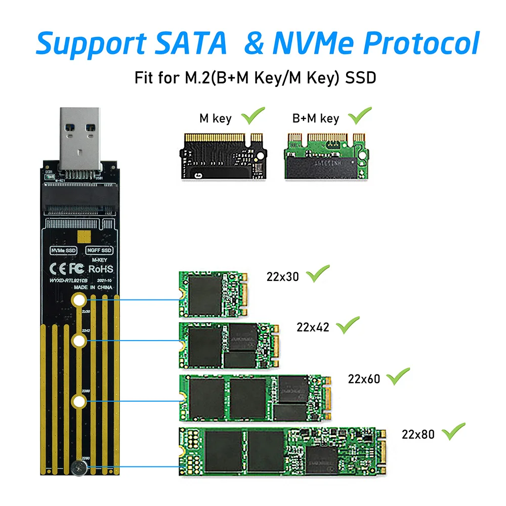 M.2 to USB Adapter Dual Protocol SSD Board M.2 NVME PCIe NGFF SATA M2 Card Support 2230 2242 2260 2280 NVME/SATA M2 SSD RTL9210B