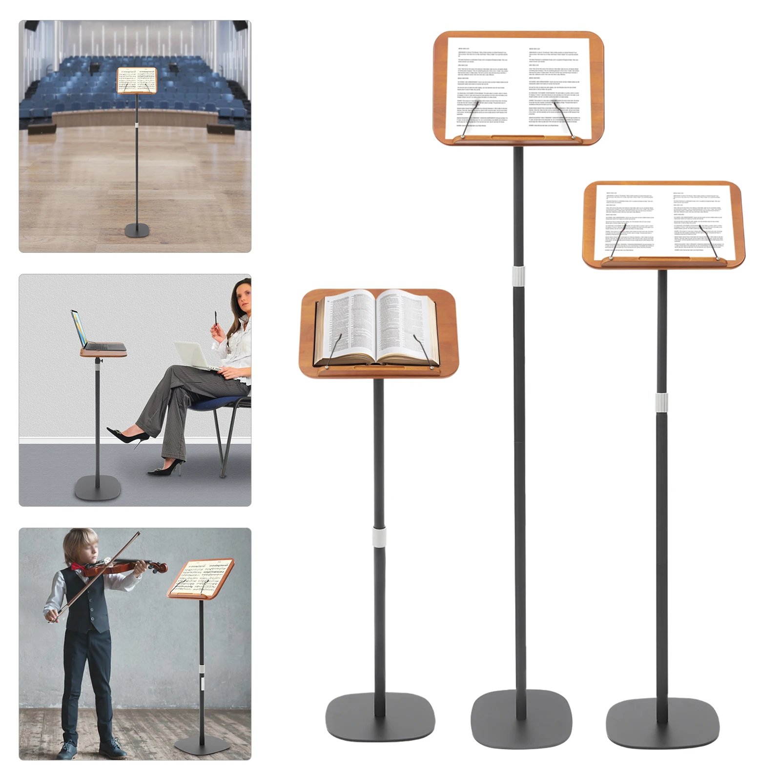 Wooden Music Stand, Black Floor Mount Wood Book Stand 1m/1.3m/1.7m Adjustable Height for Schools,Bedrooms
