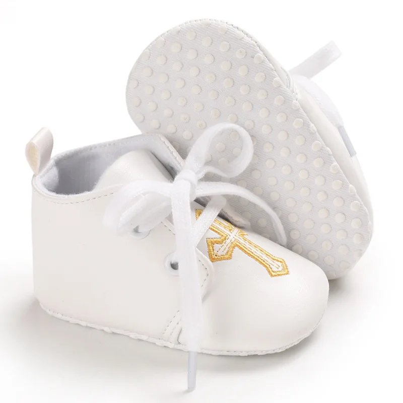 Newborn Baby White Baptism Shoes Soft Anti-slip Toddler Boy Girl Christening Golden Church Cross Soled Infant First Walker Shoes