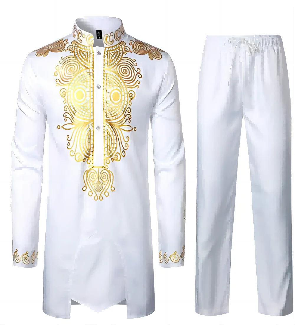 African Long-Sleeved Shirt For Men - Metal Gold Printed Chinese Collar Shirt Traditional National Festival Wedding Two-Piece Set