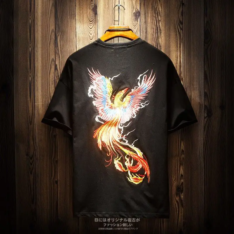 Oversized 2xl Phoenix Embroidery China Style Mythical Beast Cool Fashion Summer Men T Shirt Short Sleeve Casual 2022 Streetwear