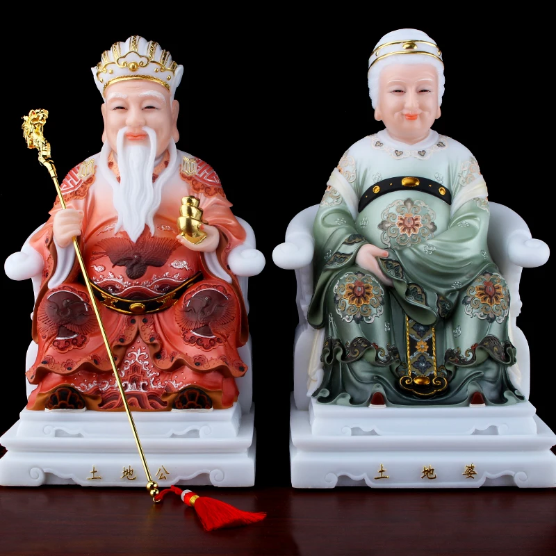 

A pair 2pcs High grade gilding jade BUDDHA HOME shop Bring wealth money luck God of CAI SHEN TU DI GONG PO statue