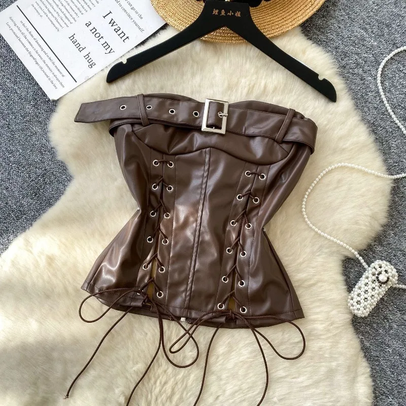 Fashionable Design with Two Side Straps and A Unique Waist Cinching Top for Women Slim Fit and Strapless PU Leather Vest