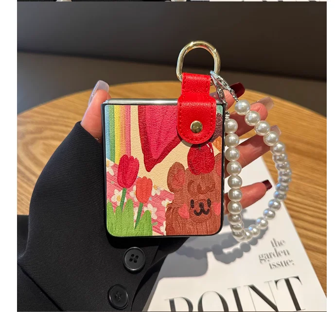 Cute Diy wrist strap Leather Case For OPPO Find N3Flip N2Flip Huawei Pocket2 P50Pocket 2 Moto Razr 40 ultra Z Flip5 Flip4 Flip3
