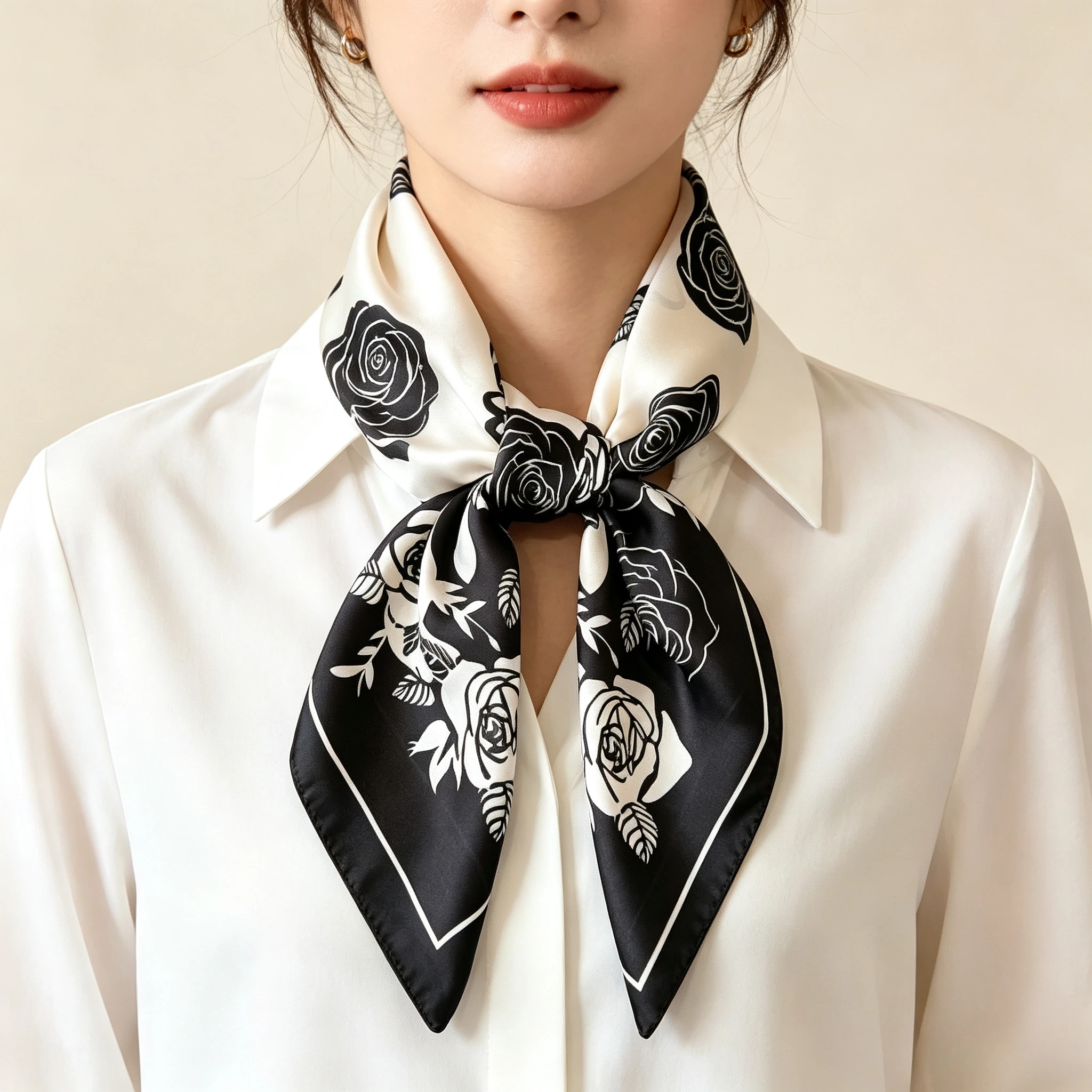 Black White Rose Print Satin Small Scarf Women Neck Scarf Hair Accessories