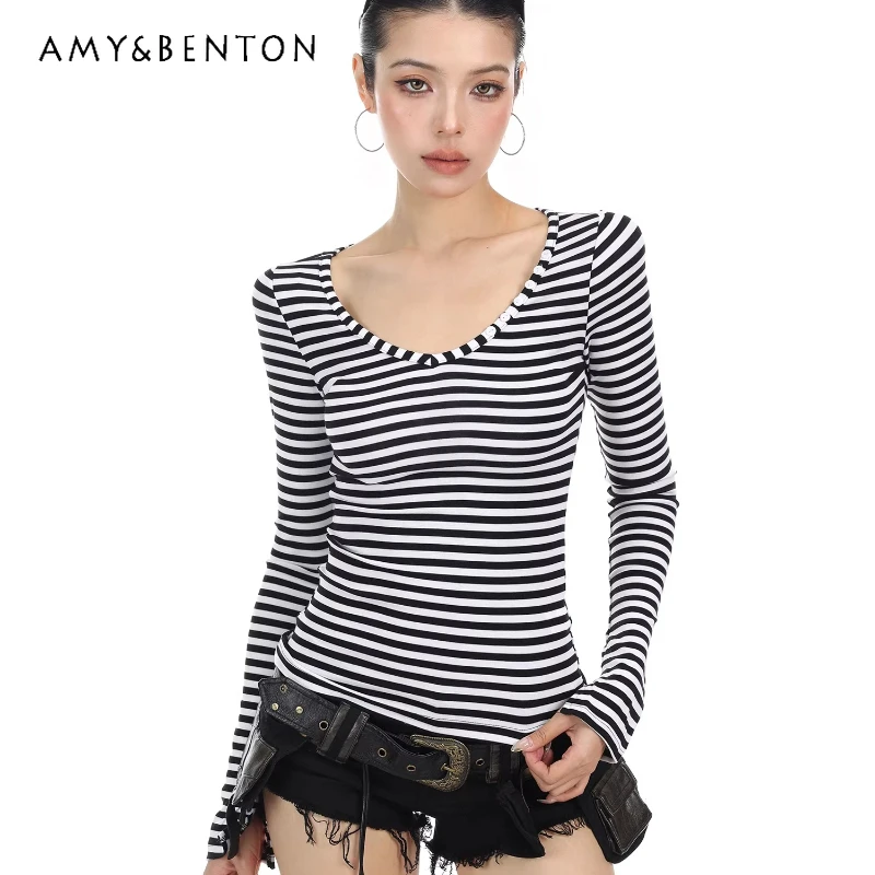 

American Retro Striped Long-sleeved V-neck Women's T-shirt 2026 Spring Slim Versatile Sweet Cool Hot Girl Bottoming Shirt Ladies