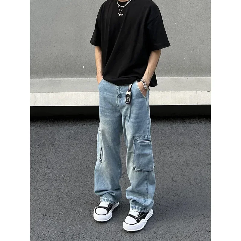 OIMG Y2K Fashion Multi Pockets Washed Blue Baggy Jeans Cargo Pants For Men Vintage Clothes Straight New Denim Trousers