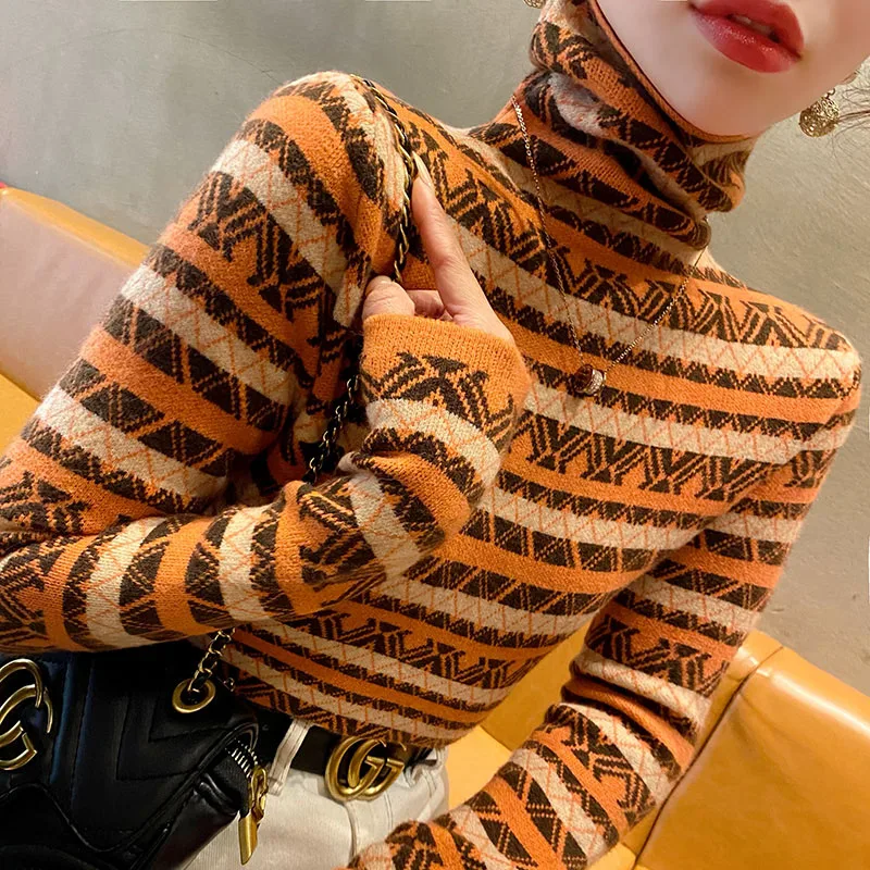 Women Korean Fashion Chic Striped Jacquard Turtleneck Sweaters Office Lady Slim Casual Soft Knitted Tops Spring New Knitwear