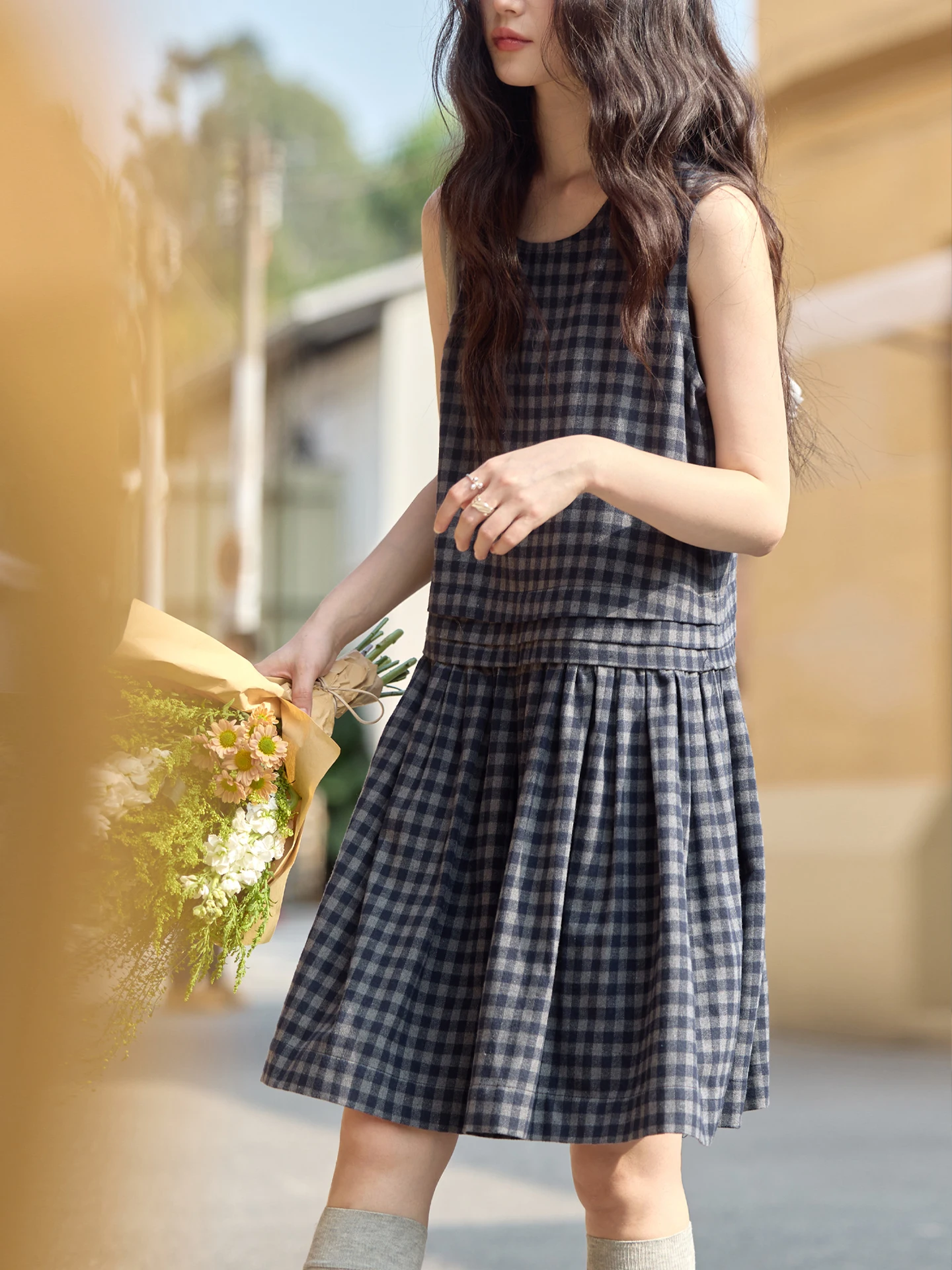 

Retro Deep Blue Gingham Pleated Svel Vest Dr Early Spring Women's Faion Ele Loose Waist Polyester Cotton Blend