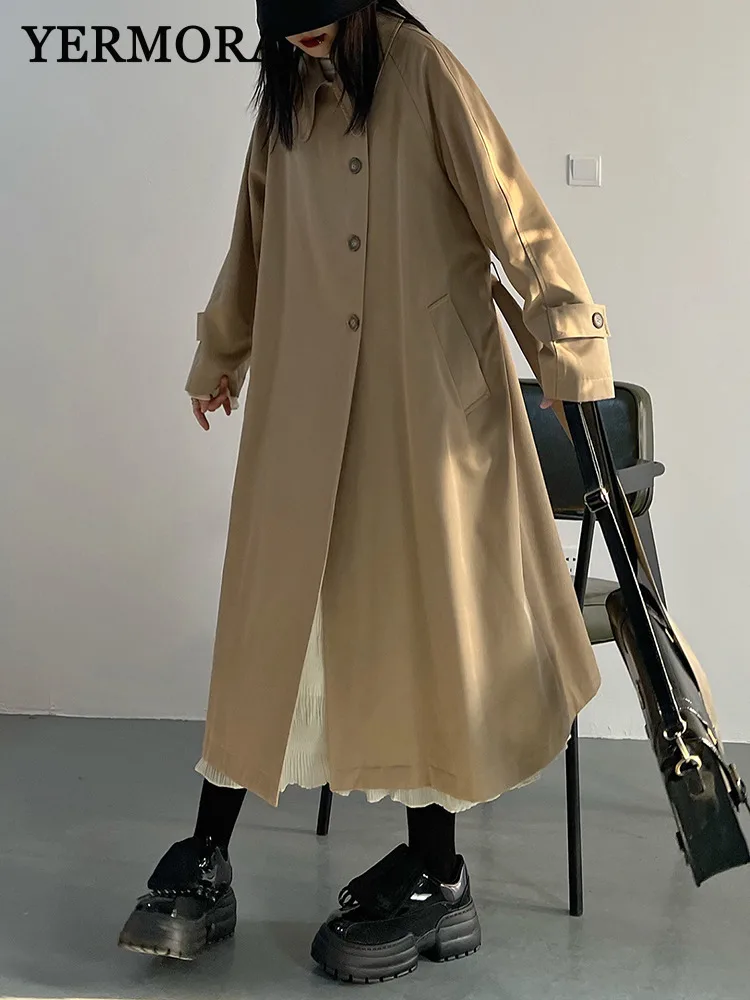 YERMORA kaki bouton bref décontracté Trench pour les femmes revers à manches longues en vrac nouveau coupe-vent mode marée printemps automne 2025 A940