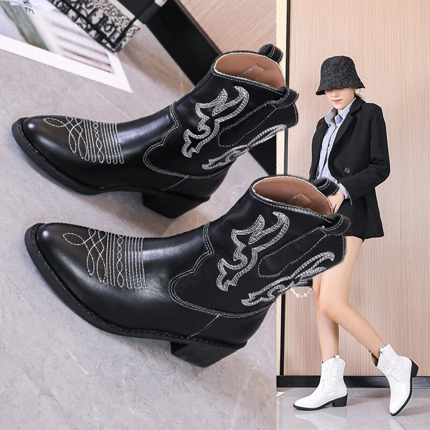 

2024 PU Embroidered Boots Women Pointed Toe Square Heel Autumn Winter Long Boots Leather Handmade Mid-Calf Boots Plus Size 36-43