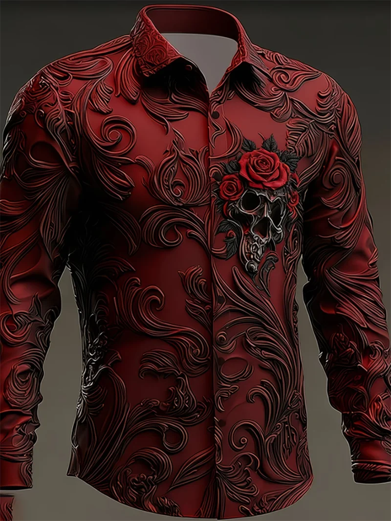 New Light Luxury Green Red Gradient Rhododendron Flower Printed Men's Long Sleeve Shirt Flip Collar Casual Shirt