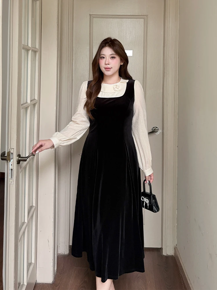 

Velvet Wrap Dr Color Blo Slim Fit Long Dr Women's plus Size Retro Waist Cinched Fake Two-Piece Dr Street Sle