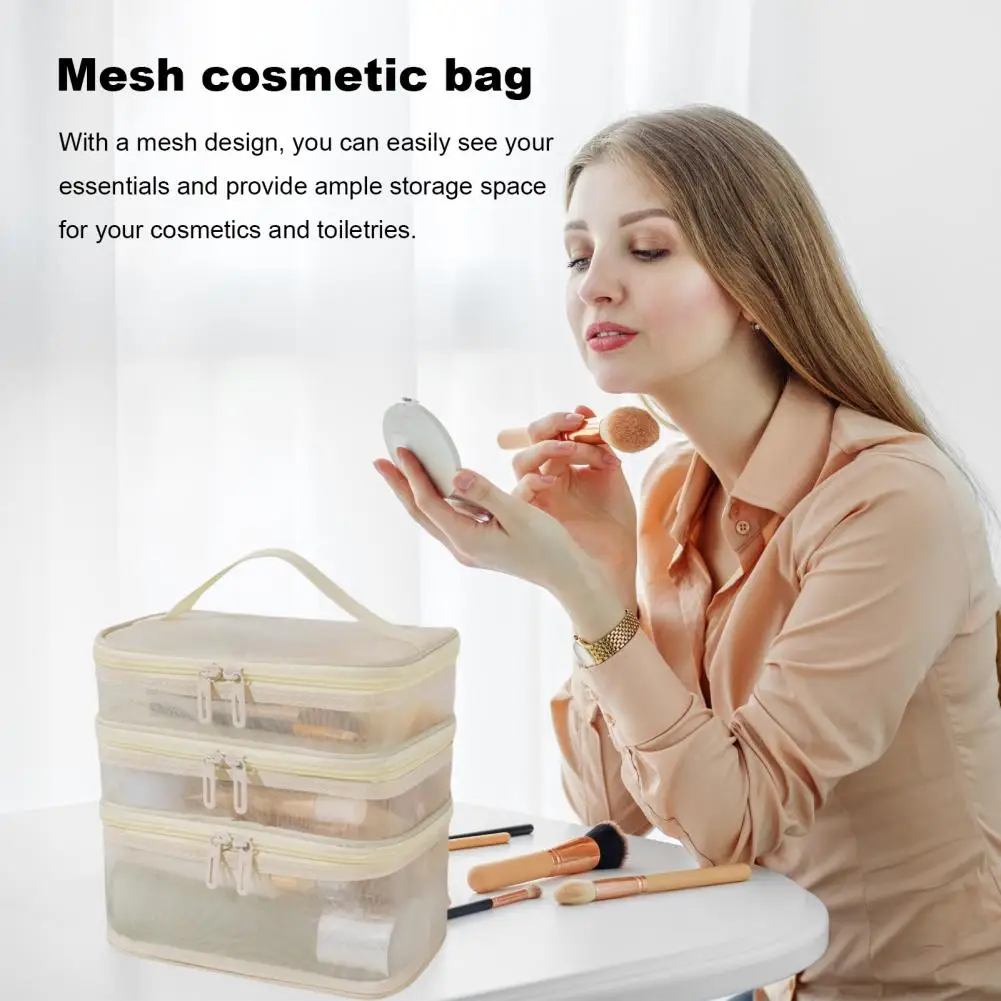 21*20cm Mesh Cosmetic Bag Multi Layers Visible Zipper Closure With Handle Classified Organization Travel Trip Makeup Storage Bag