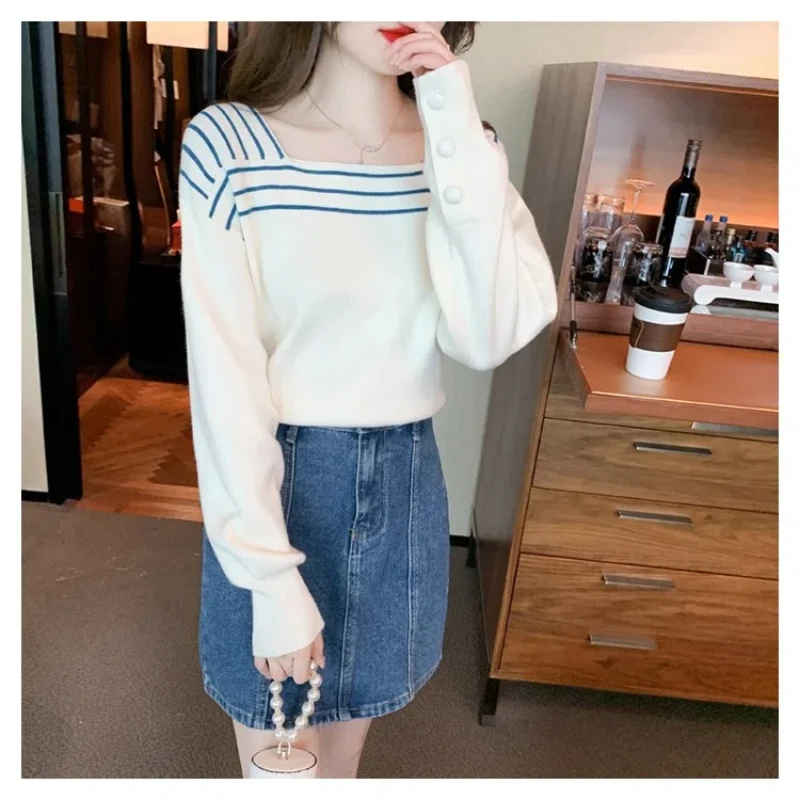 Autumn Winter Flattering Square Collar Striped Women\'s Clothing Pullover Lantern Long Sleeve Sweater Knitted Screw Thread Tops