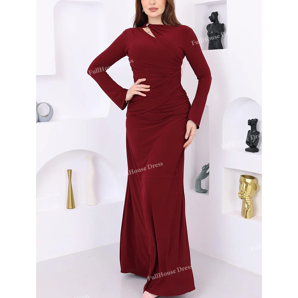 

Custom Made Classic O-Neck Pleated Sexy Sheth Long Sleeve Evening Dress Maxi Length Saudi Dress شارون سعيد
