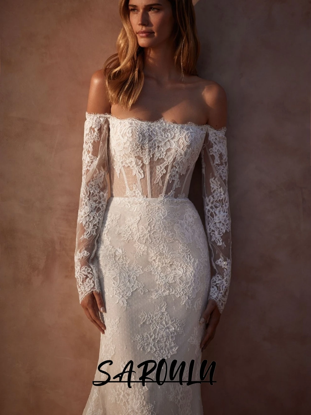 

SAROULU Elegant Lace Mermaid Wedding Dress Off-the-shoulder Lace Up Back Customized Bridal Gown Romantic Long Bride Wear