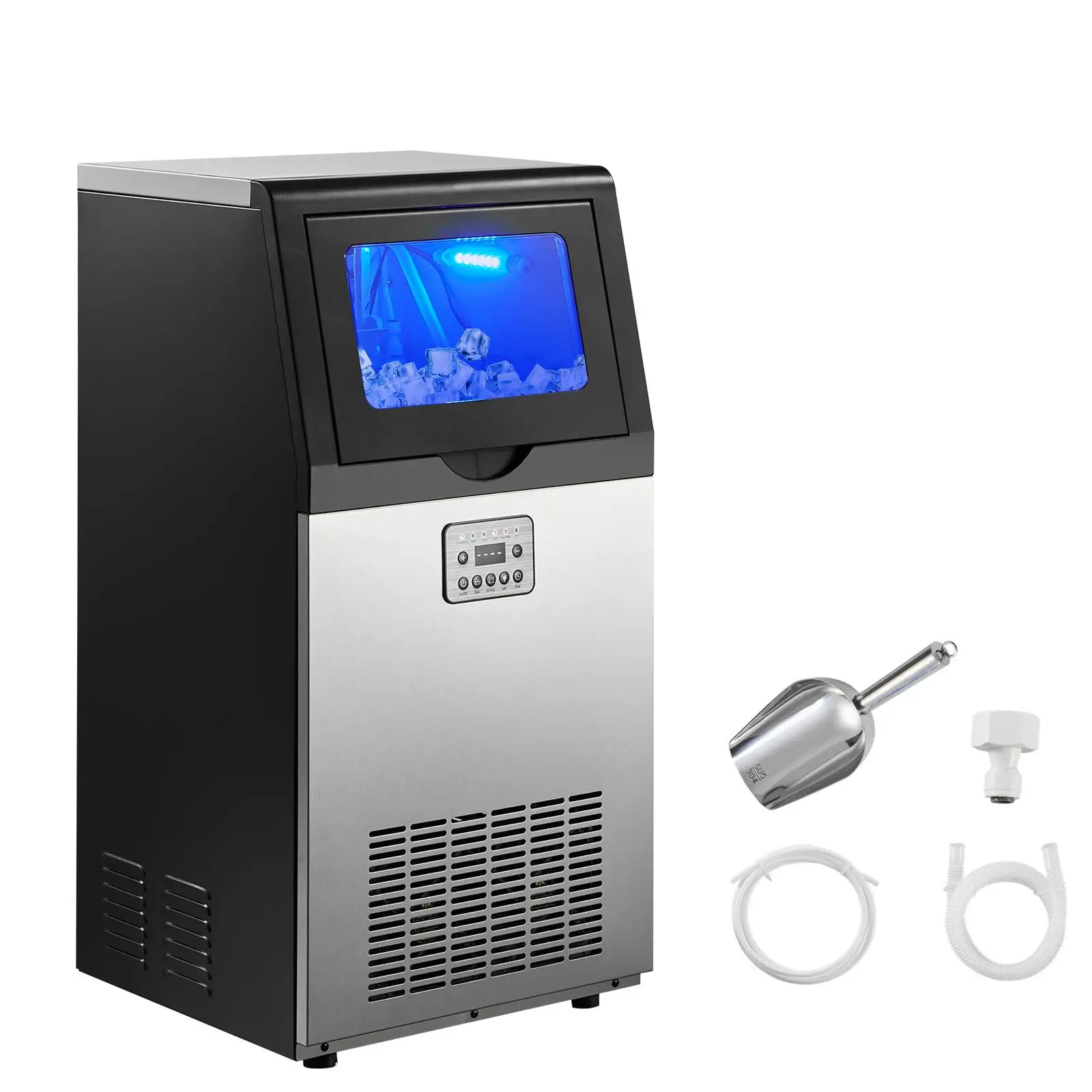 Commercial Ice Maker Machine 100 lbs/24h with 30 lbs Storage Capacity Stainless Steel Built In Freestanding Under Counter Ice Maker with Display and Self Cleaning for home Bar Restaurant